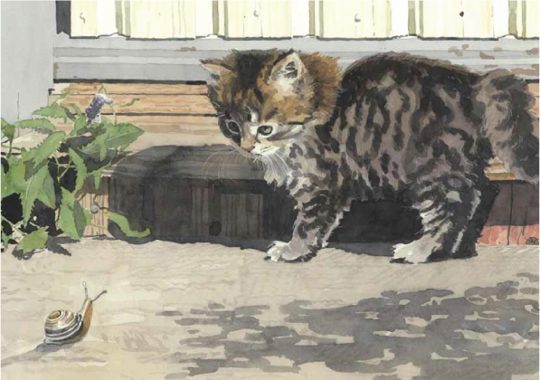 Brevkort - Kattungen Filippa möter en snigel